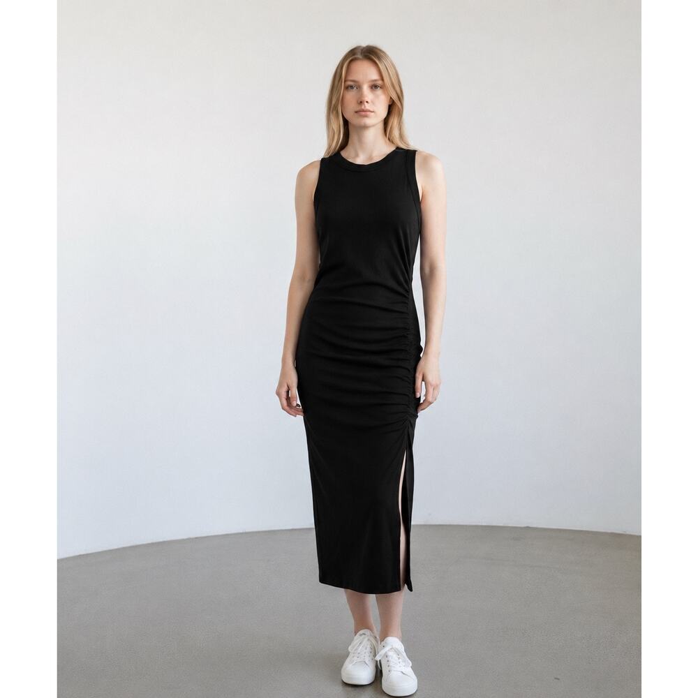 Michael Stars Taja Sleeveless Shirred Seam Midi Dress Black NWT Size Medium